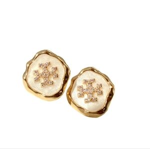 Tory Burch Pavé Stud Earrings White & Gold